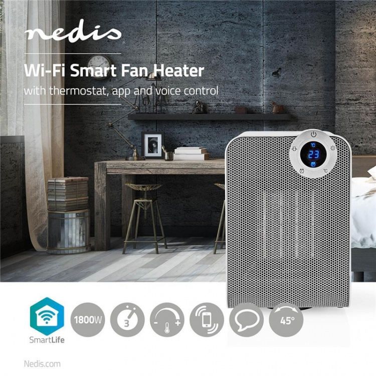 Nedis SmartLife Fan Heater | 1800 W | 3 Heat Settings | Oscillation | Display | 15 - 35 °C | Android™ / IOS | White
