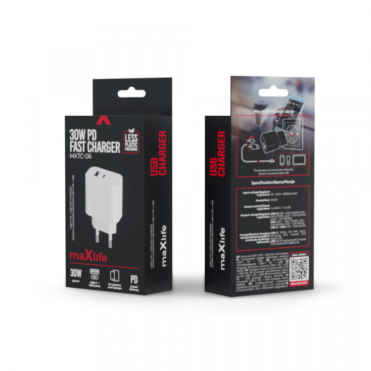 Maxlife MXTC-06 - PD QC Wall Charger 1x USB-C, 1x USB, 30W, White