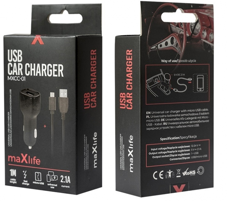 Maxlife MXCC-01 USB Car Charger 1x USB 2.1A + microUSB cable