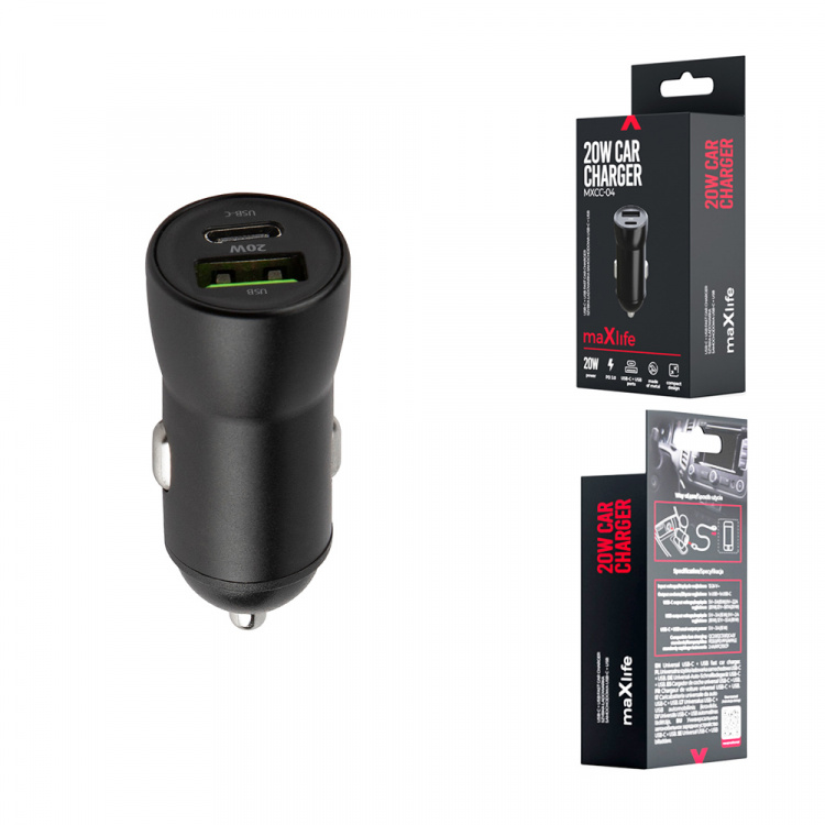 Maxlife MXCC-04 PD QC car charger 1x USB-C 1x USB 20W black Maxlife MXCC-04 PD QC car charger 1x USB-C 1x USB 20W black