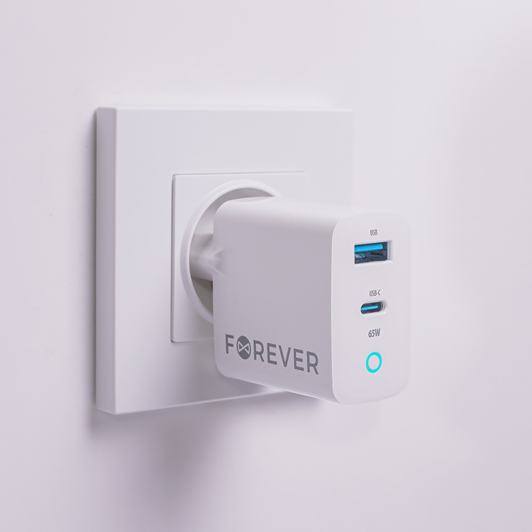 Forever GaN TC-06-65AC PD QC charger 1x USB-C 1x USB 65W white