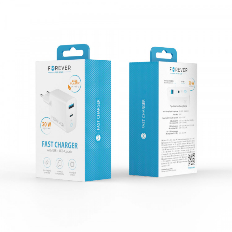 Forever TC-06-20AC PD QC charger 1x USB-C 1x USB 20W white