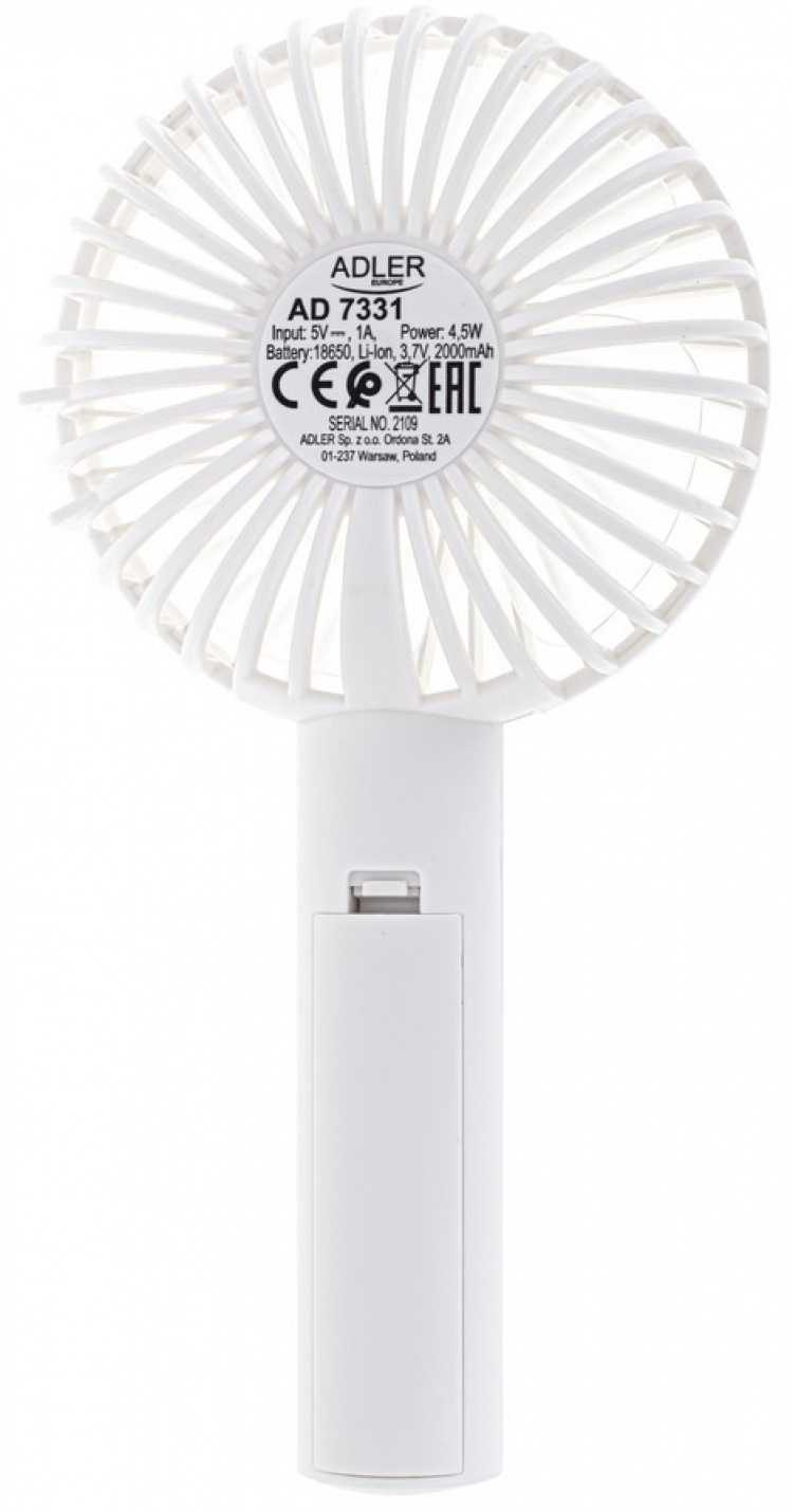 Adler AD 7331 Fläkt Uppladdningsbar 9cm, 3 hastigheter, Vit