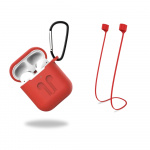 Silicone protective case with headphone strap and pendant for Apple Airpods, Red