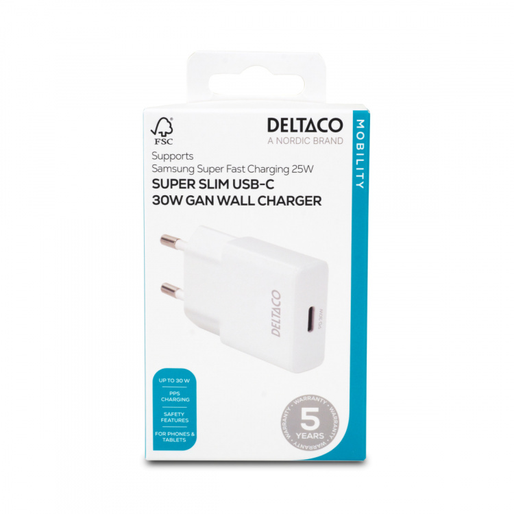 DELTACO USB-C väggladdare, 1x USB-C PD 30 W, slimmad storlek, stödjer PPS DELTACO USB-C väggladdare, 1x USB-C PD 30 W, slimmad storlek, stödjer PPS