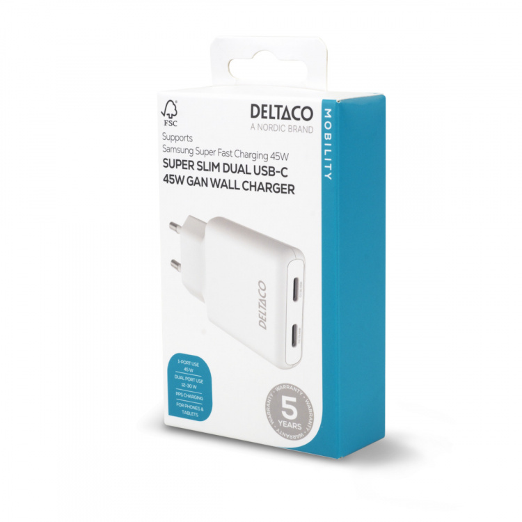 DELTACO USB-C väggladdare 45 W, 2x USB-C PD, slimmad storlek, total effekt 45 W DELTACO USB-C väggladdare 45 W, 2x USB-C PD, slimmad storlek, total effekt 45 W