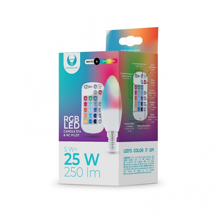 Remote controlled LED lamp with RGB, E14, C37, 5W Remote controlled LED lamp with RGB, E14, C37, 5W