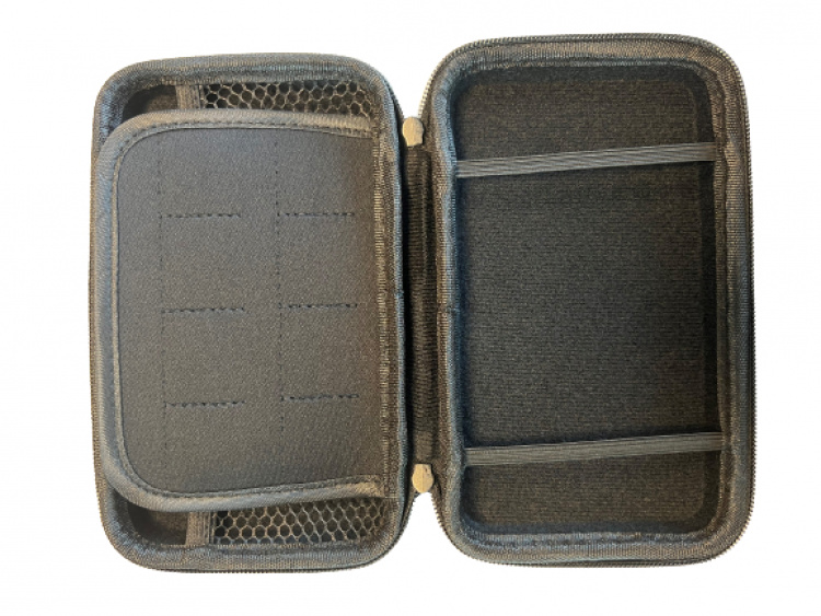 Storage case in EVA plastic for camera accessories.