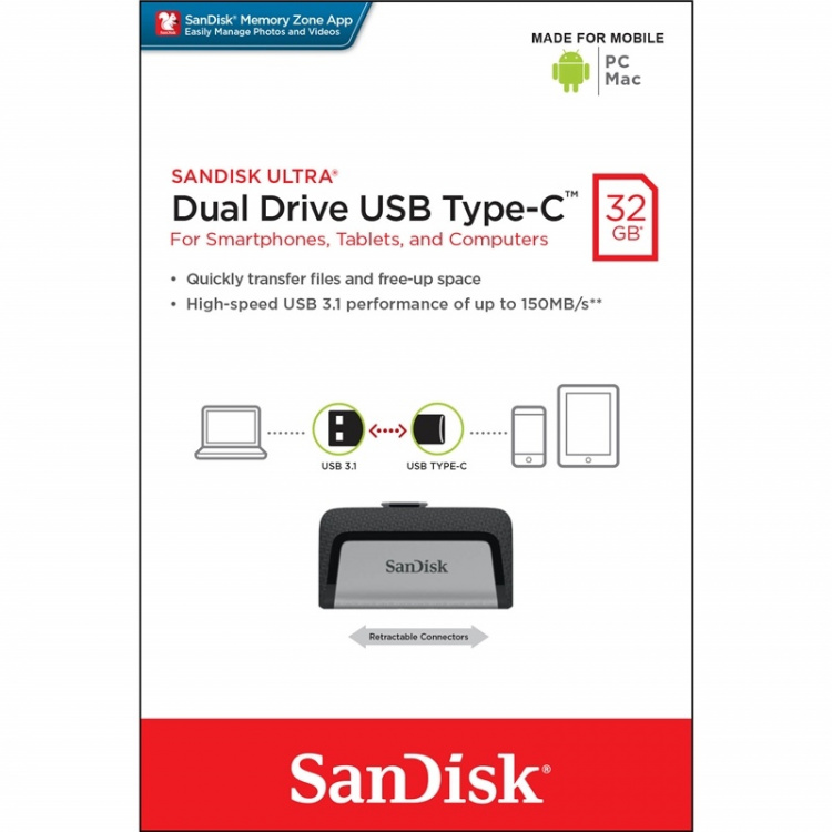 SANDISK USB-drive 3.1 Ultra Dual 32GB Typ C SANDISK USB-drive 3.1 Ultra Dual 32GB Typ C