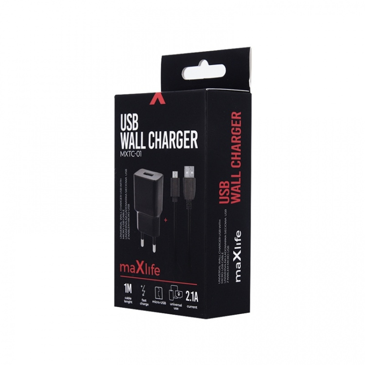 MXTC-01 Wall Charger USB, Fast Charge (2.1A) + microUSB cable, Black
