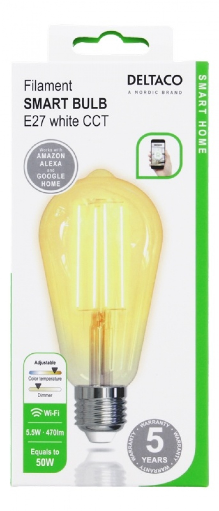 DELTACO SMART HOME FILAMENT LED-lampa, E27, WiFI, 5.5W, 1800K-6500K DELTACO SMART HOME FILAMENT LED-lampa, E27, WiFI, 5.5W, 1800K-6500K