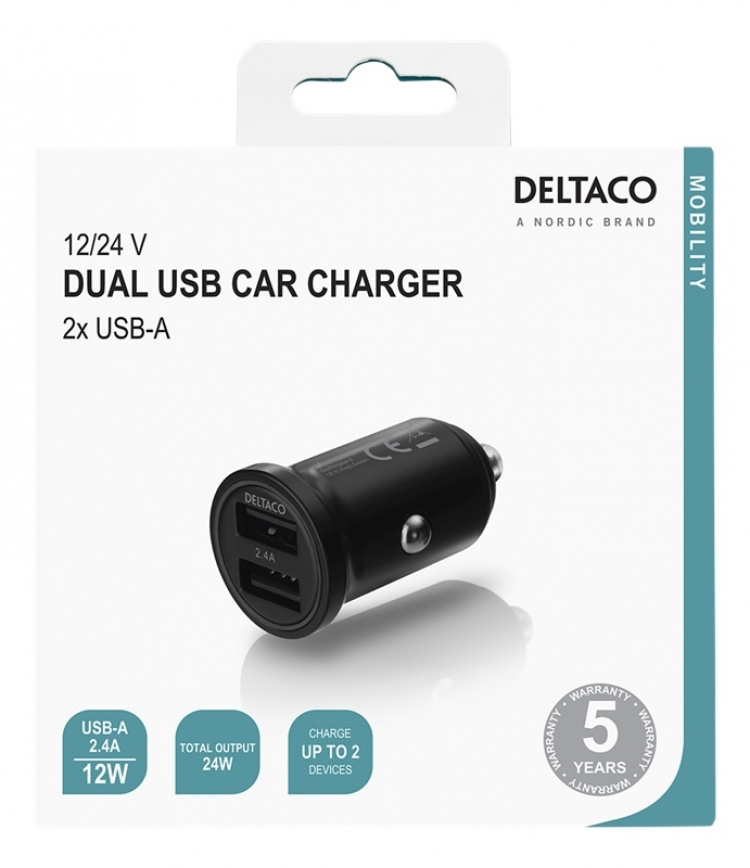 DELTACO 12/24 V USB car charger with dual USB-A ports, 24 W, black