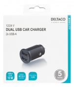 DELTACO 12/24 V USB car charger with compact size and dual USB-A ports DELTACO 12/24 V USB car charger with compact size and dual USB-A ports