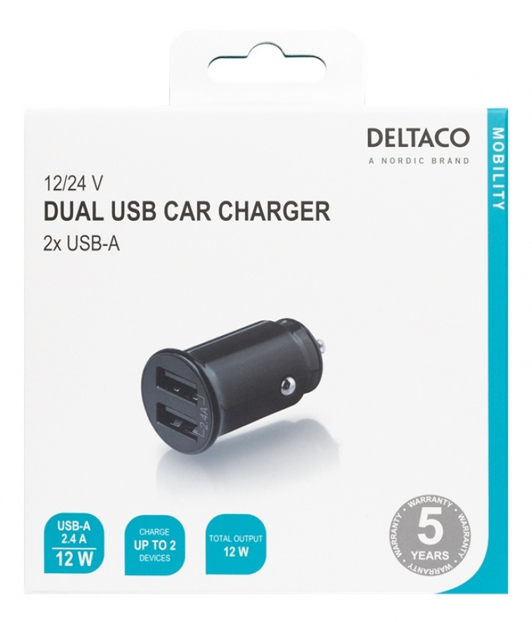 DELTACO 12/24 V USB car charger with compact size and dual USB-A ports DELTACO 12/24 V USB car charger with compact size and dual USB-A ports