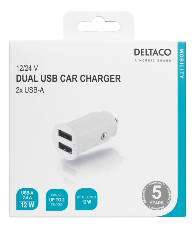 DELTACO USB car charger, 2x USB-A, 2,4 A, total 12 W, white DELTACO USB car charger, 2x USB-A, 2,4 A, total 12 W, white