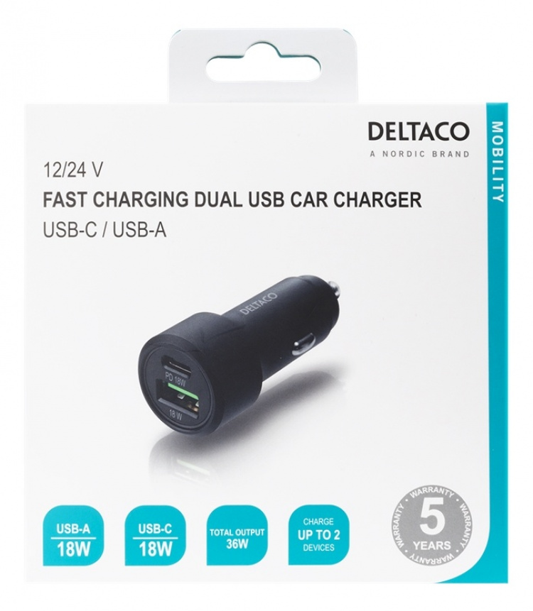 DELTACO USB car charger, 1x USB-C, PD 20 W, 1x USB-A, 18 W, 38W, metal