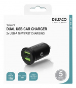 DELTACO USB car charger, 2x USB-A 18 W, fast charging, 36 W total