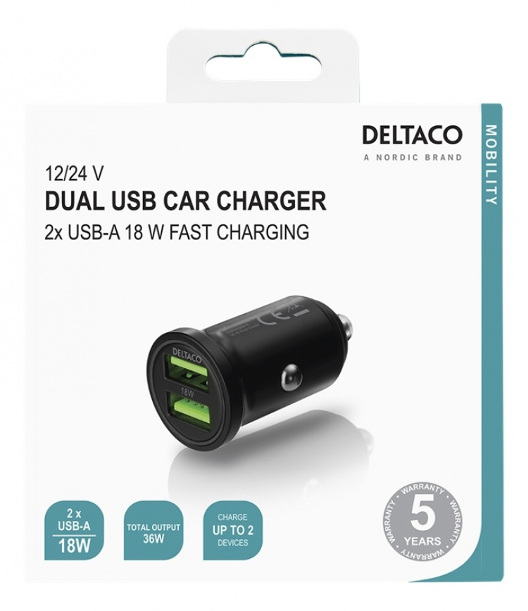 DELTACO USB car charger, 2x USB-A 18 W, fast charging, 36 W total