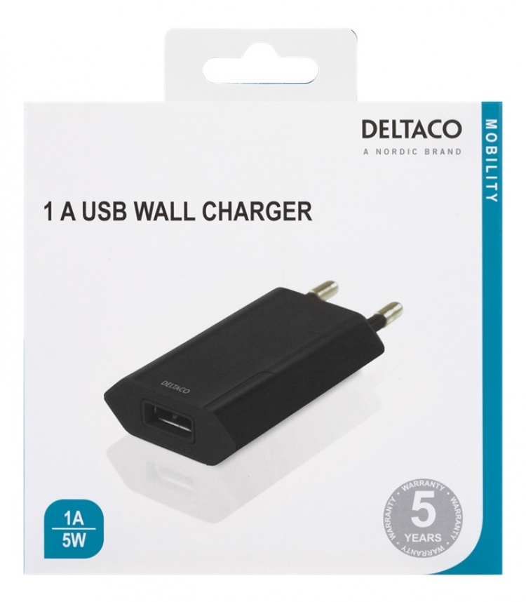 DELTACO USB wall charger, 1x USB-A, 1 A, 5 W, black