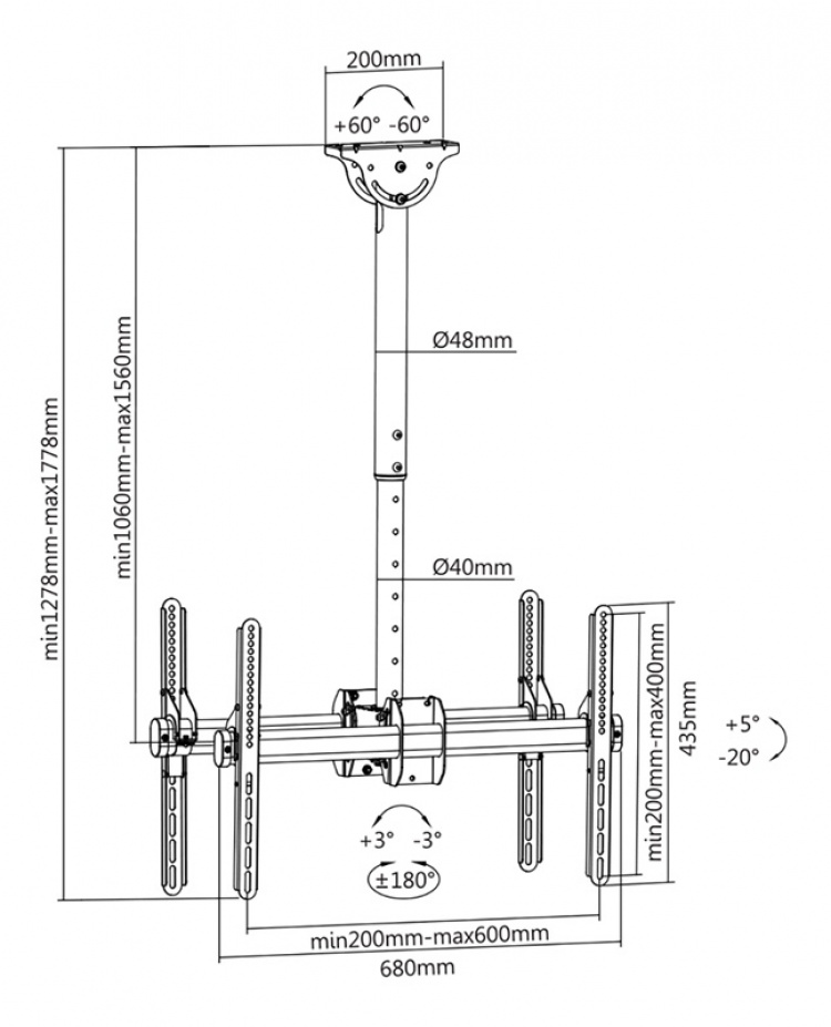 DELTACO OFFICE Telescopic back-to-back LED/LCD ceiling mount, 37-70
