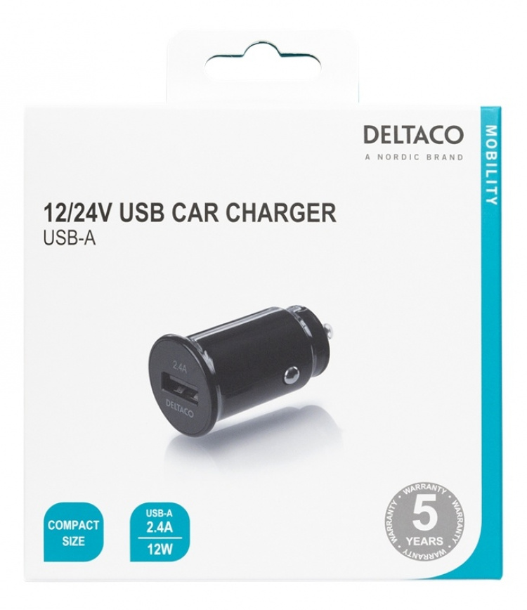 DELTACO 12/24 V USB car charger with compact size and 1x USB-A port, 2 DELTACO 12/24 V USB car charger with compact size and 1x USB-A port, 2
