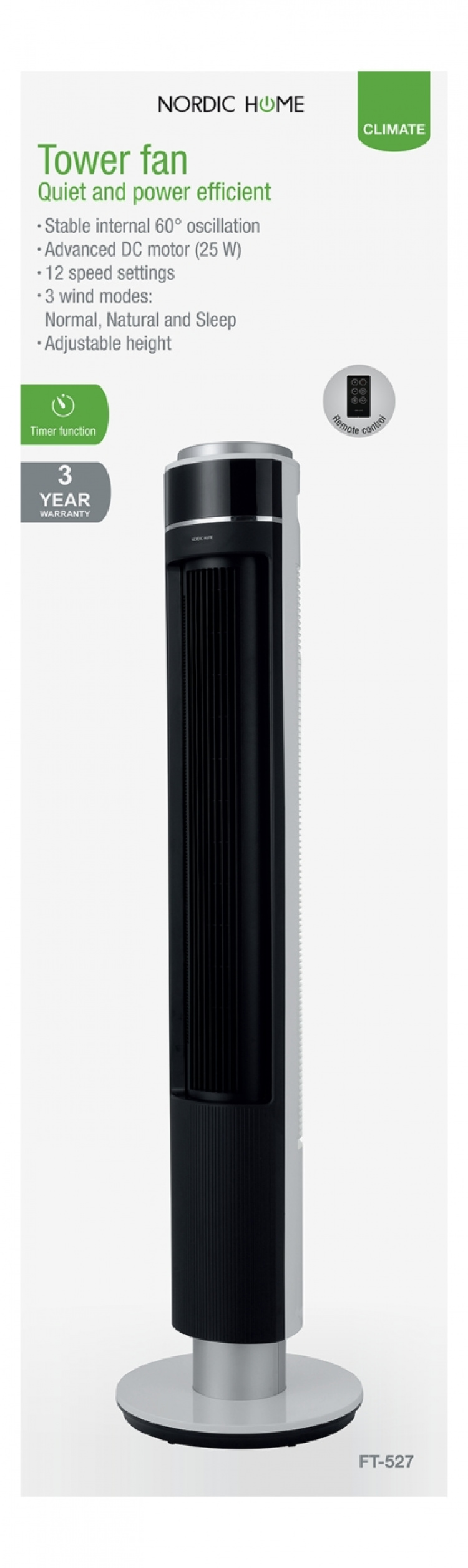 NORDIC HOME Tower fan, 25 W, Black and white