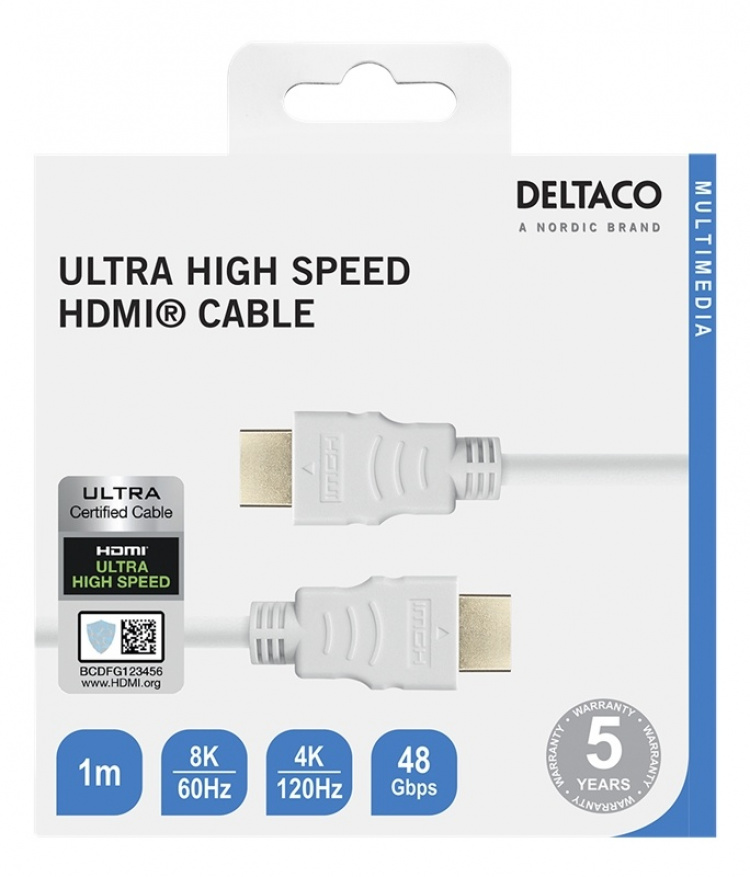 DELTACO ULTRA High Speed HDMI-kabel, 48Gbps, 1m, vit DELTACO ULTRA High Speed HDMI-kabel, 48Gbps, 1m, vit