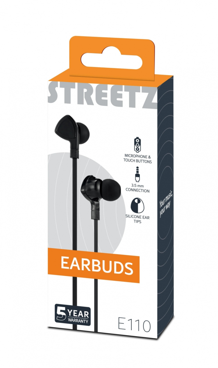 STREETZ in-ear headset, 1-button remote, 3.5mm, microphone, black