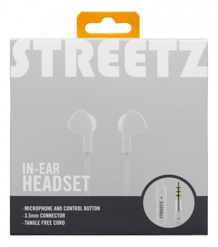STREETZ in-ear headset, 1-button remote, 3.5mm, microphone, white STREETZ in-ear headset, 1-button remote, 3.5mm, microphone, white