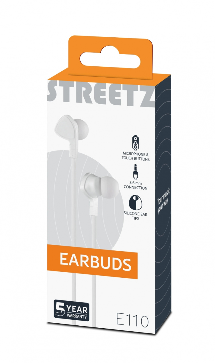 STREETZ in-ear headset, 1-button remote, 3.5mm, microphone, white STREETZ in-ear headset, 1-button remote, 3.5mm, microphone, white