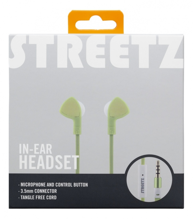 STREETZ in-ear headset, 1-button remote, 3.5mm, microphone, lime green
