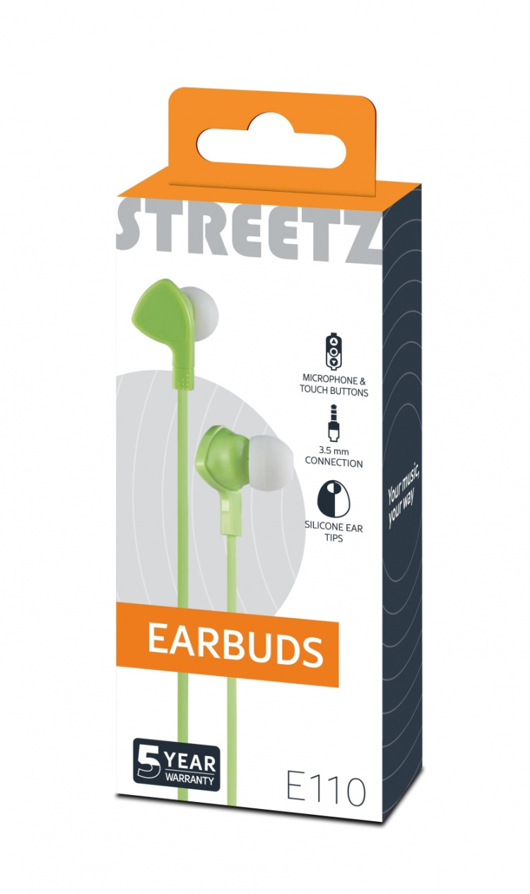 STREETZ in-ear headset, 1-button remote, 3.5mm, microphone, lime green