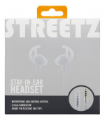 STREETZ stay-in-ear headset, 1-button remote, 3.5mm, microphone, white STREETZ stay-in-ear headset, 1-button remote, 3.5mm, microphone, white