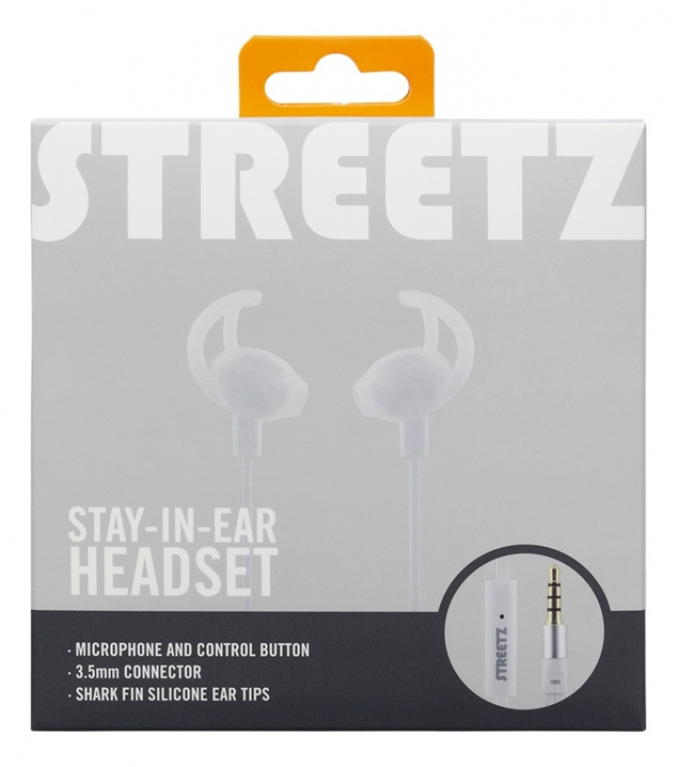 STREETZ stay-in-ear headset, 1-button remote, 3.5mm, microphone, white STREETZ stay-in-ear headset, 1-button remote, 3.5mm, microphone, white
