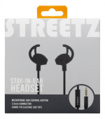 STREETZ stay-in-ear headset, 1-button remote, 3.5mm, microphone, black STREETZ stay-in-ear headset, 1-button remote, 3.5mm, microphone, black
