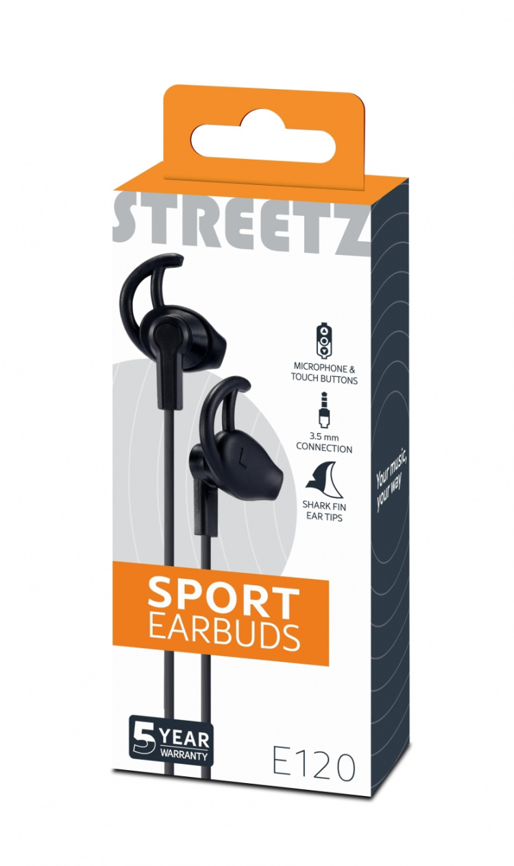 STREETZ stay-in-ear headset, 1-button remote, 3.5mm, microphone, black STREETZ stay-in-ear headset, 1-button remote, 3.5mm, microphone, black