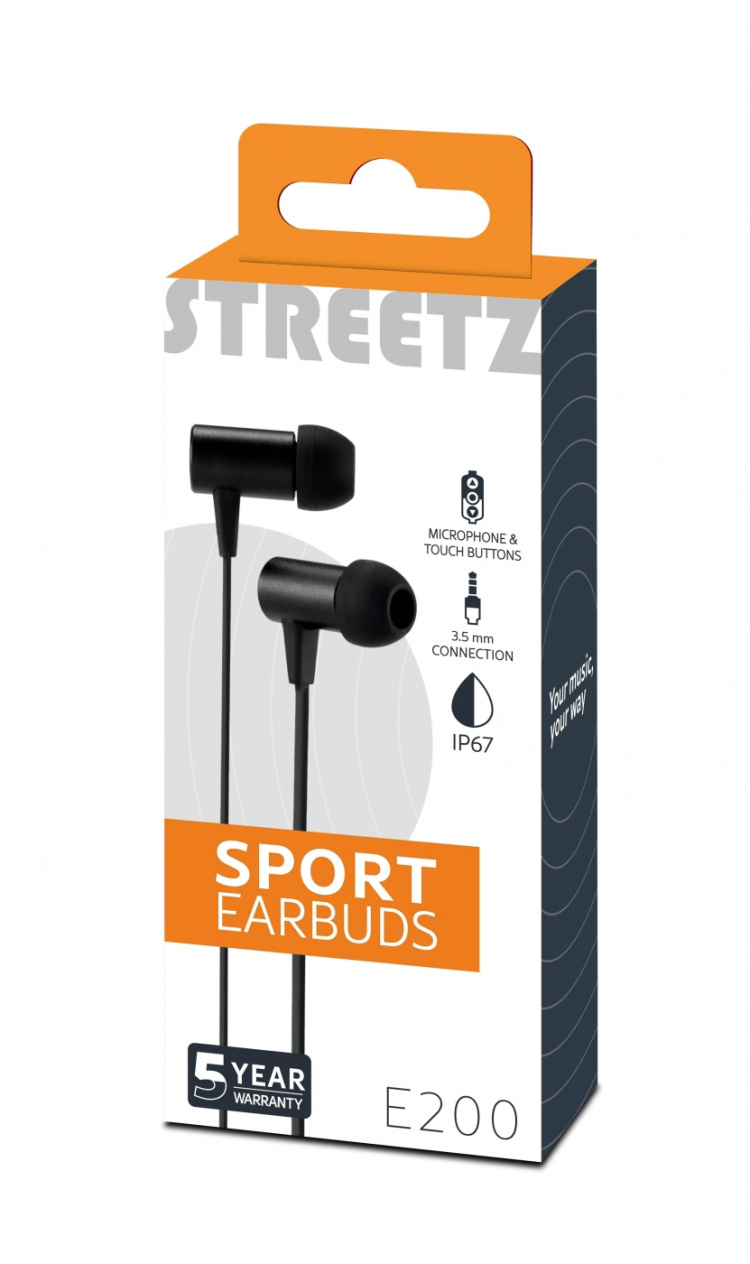 STREETZ in-ear headset, mikrofon, svarsknapp, 3,5mm, vattentäta, svart