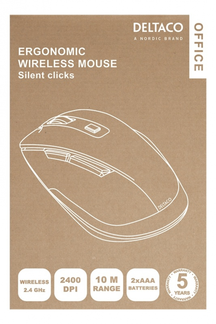 DELTACO Office ergonomic mouse, silent clicks, wireless 2.4G, 2400 DPI DELTACO Office ergonomic mouse, silent clicks, wireless 2.4G, 2400 DPI