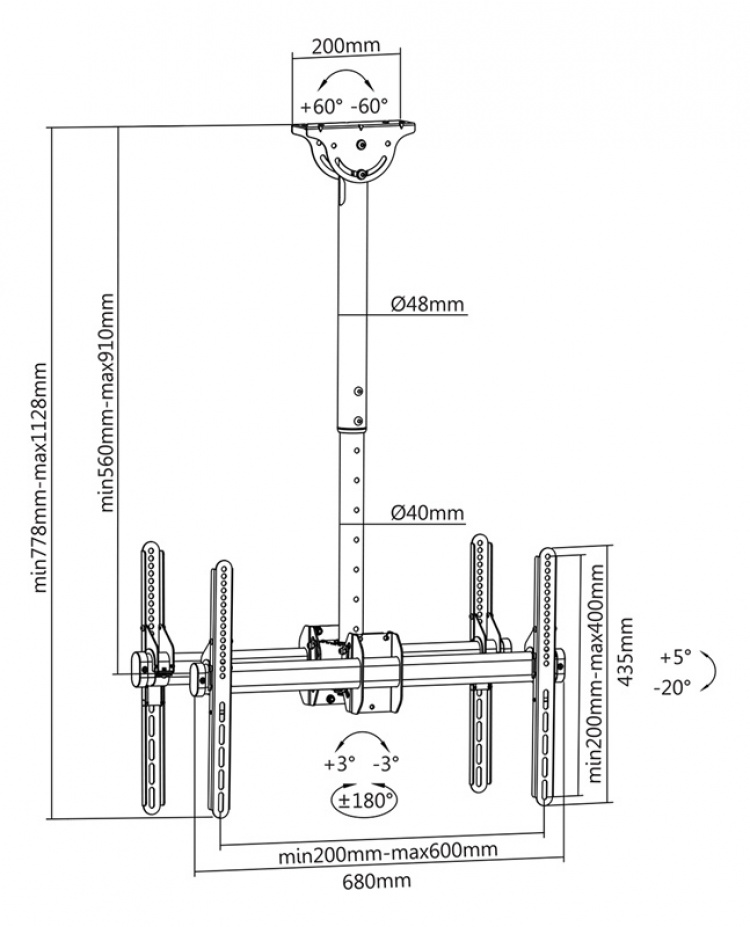 DELTACO OFFICE Telescopic back-to-back LED/LCD ceiling mount, 37-70 DELTACO OFFICE Telescopic back-to-back LED/LCD ceiling mount, 37-70