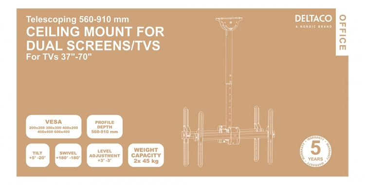 DELTACO OFFICE Telescopic back-to-back LED/LCD ceiling mount, 37-70 DELTACO OFFICE Telescopic back-to-back LED/LCD ceiling mount, 37-70