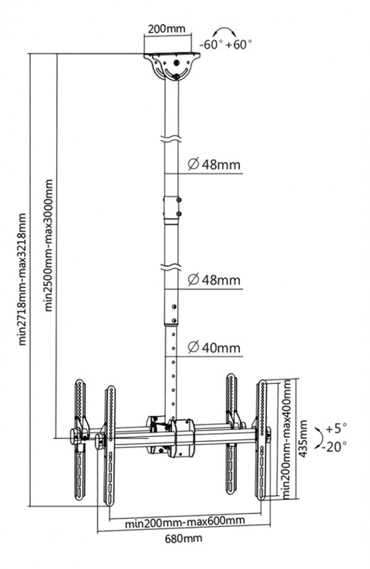 DELTACO OFFICE Telescopic back-to-back LED/LCD ceiling mount, 37-70
