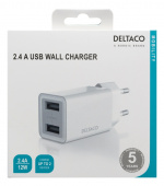 DELTACO USB wall charger, 2x USB-A, 2.4 A, total 12 W, white