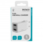 DELTACO USB wall charger, 2x USB-A, 2.4 A, total 12 W, white