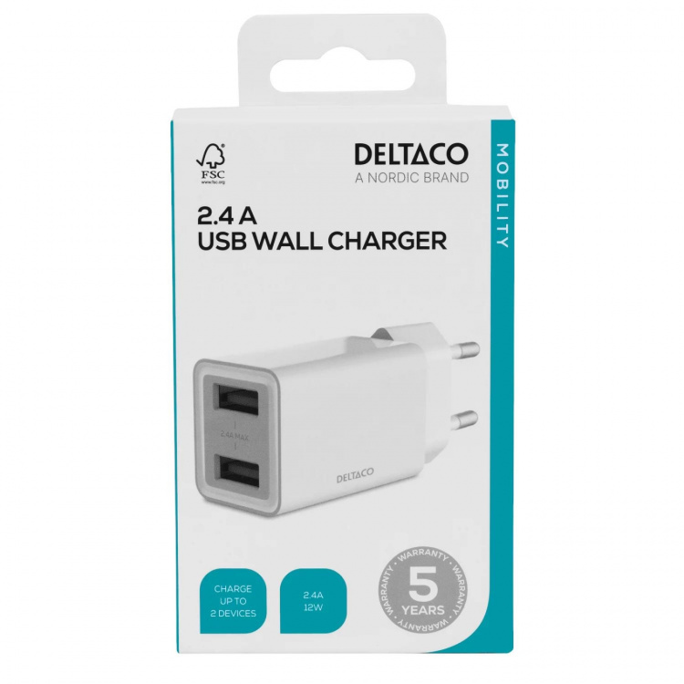 DELTACO USB wall charger, 2x USB-A, 2.4 A, total 12 W, white