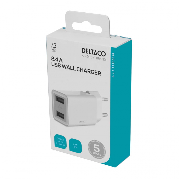 DELTACO USB wall charger, 2x USB-A, 2.4 A, total 12 W, white
