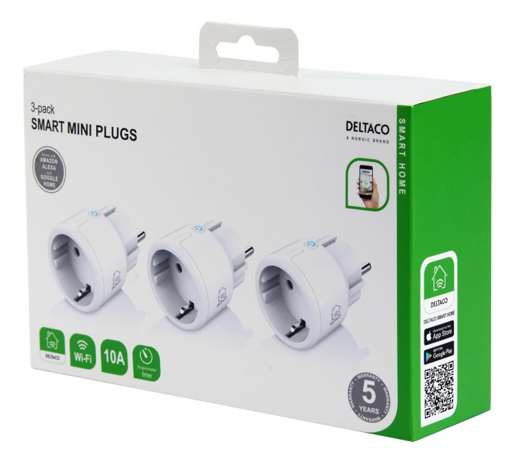 DELTACO SMART HOME strömbrytare, LED-indikator, WiFi 2,4GHz, 1xCEE 7/3, 10A, timer, 3-pack, Vit