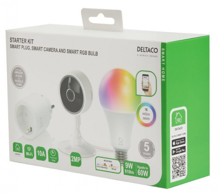 DELTACO SMART HOME Starter Kit w. Plug, Camera and RGB Lamp