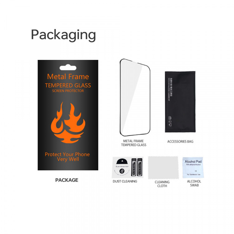 Tempered glass with metal frame for iPhone 15 Tempered glass with metal frame for iPhone 15