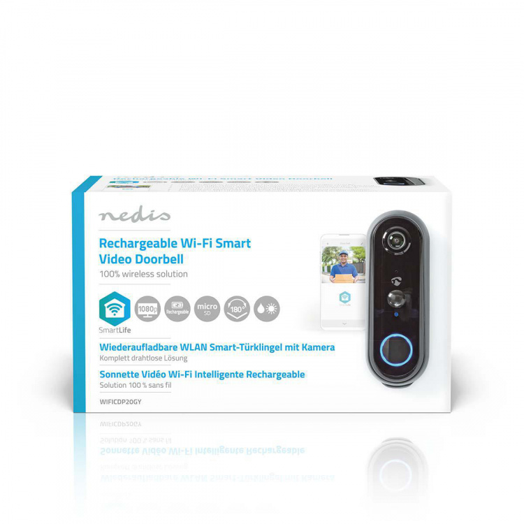 Nedis SmartLife Video Doorbell | Battery Powered | Full HD 1080p | Cloud Storage (optional) / microSD (not included) | IP54 | With motion sensor | Night vision | Grey