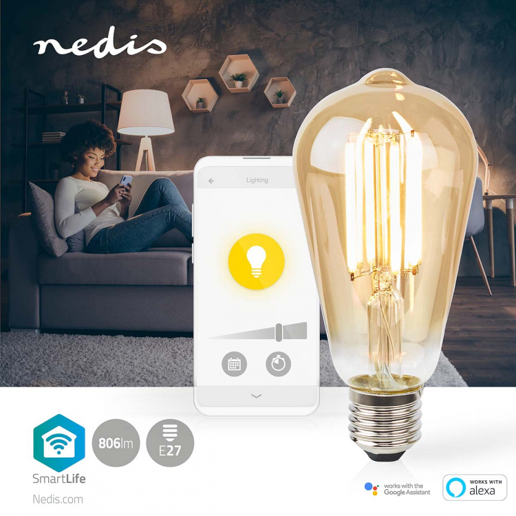 Nedis SmartLife LED Filament Bulb | Wi-Fi | E27 | 806 lm | 7 W | Warm White | 1800 - 3000 K | Glass | Android™ / IOS | ST64 | 1 pcs